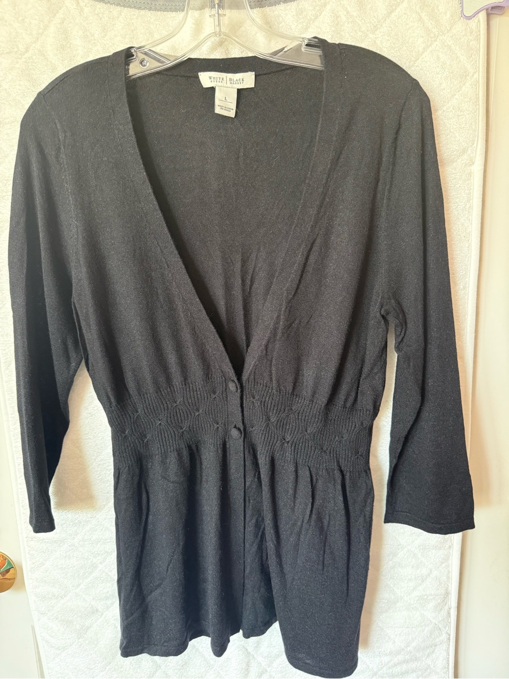 WHBM Silk Blend Cinched Ruched Waist Cardigan Large Black NWOT